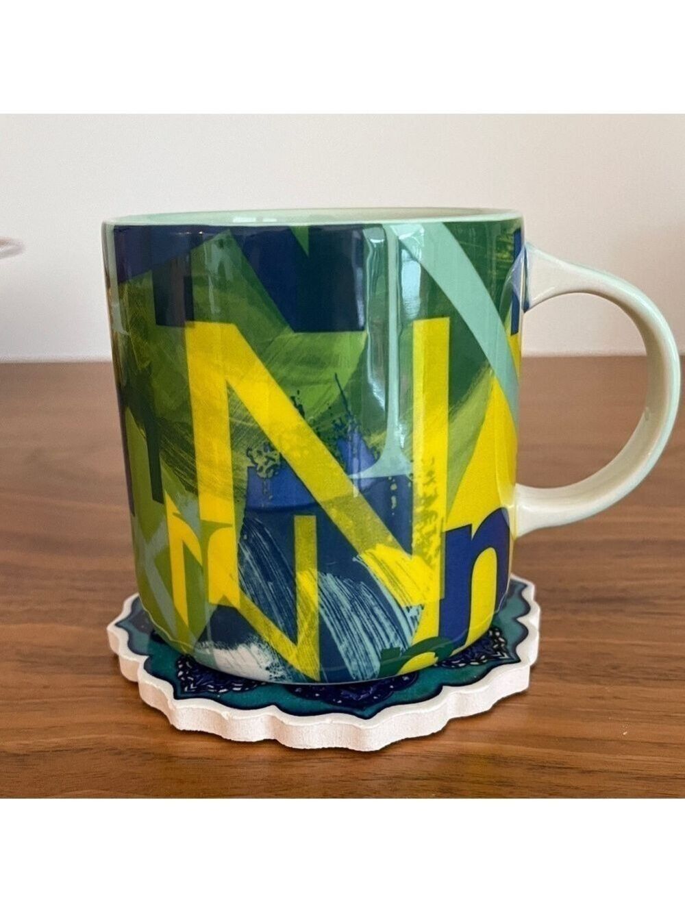 Anthropologie Ceramic Green Blue Lottie Monogram Letter N Coffee Tea Mug 12oz